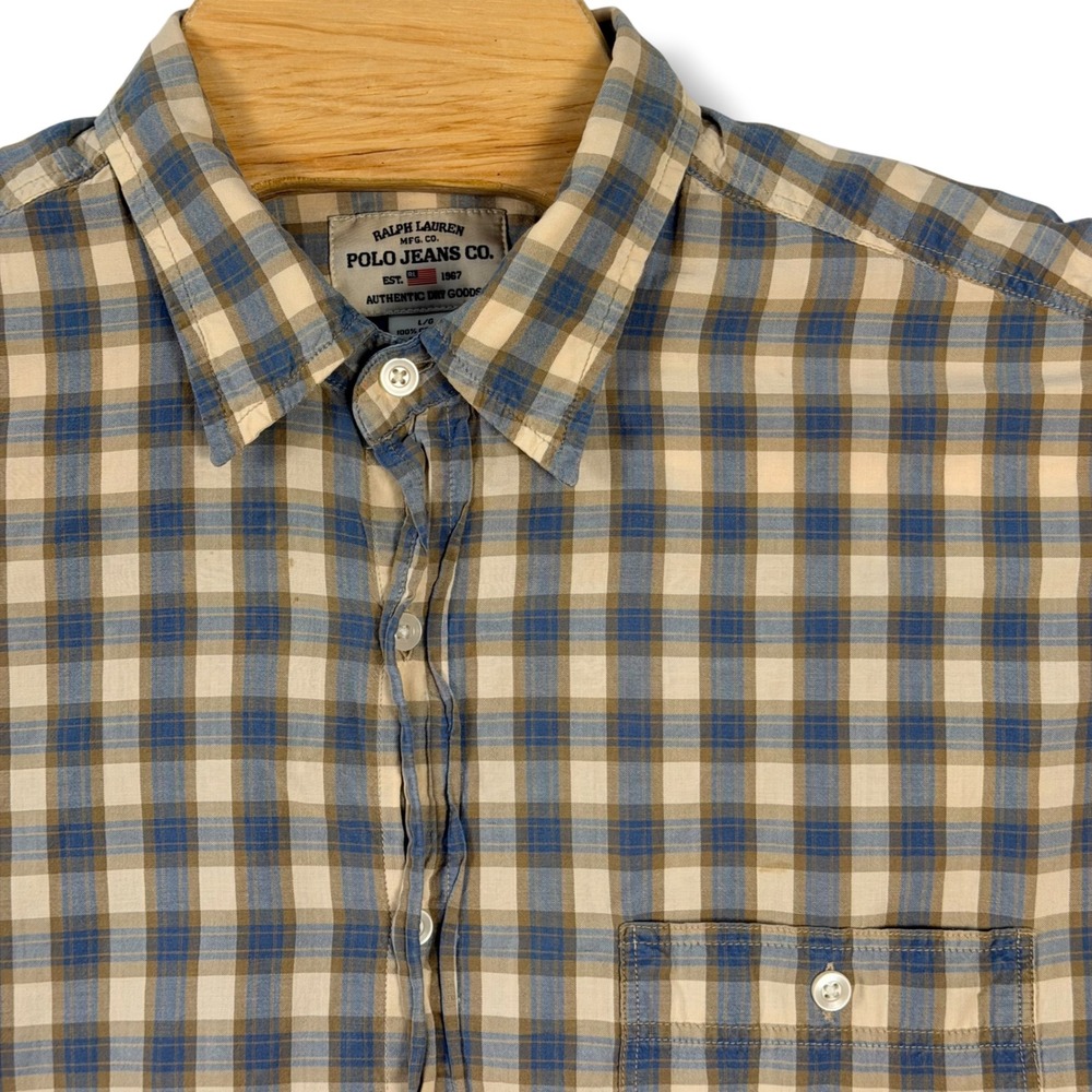 Ralph Lauren Polo Jeans Co Button Shirt Mens L‎ Blue Plaid Utility Workwear Hike
